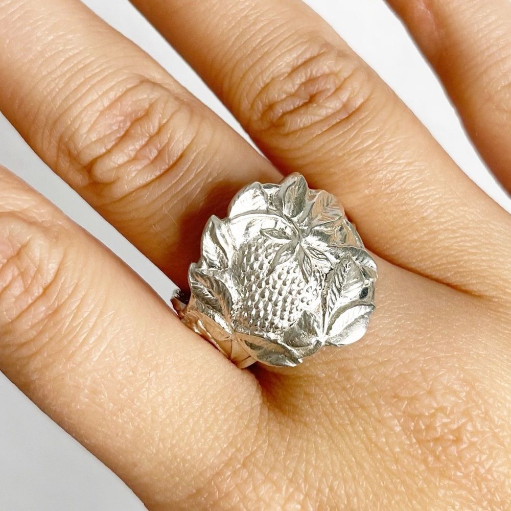 Sterling Silver Strawberry Spoon Adjustable Statement Ring